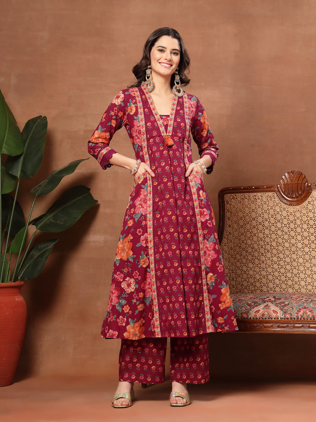 Flared Printed Cotton V-Neck Kurta Set With Dupatta