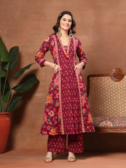 Flared Printed Cotton V-Neck Kurta Set With Dupatta