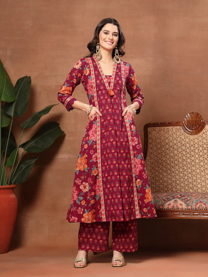Flared Printed Cotton V-Neck Kurta Set With Dupatta