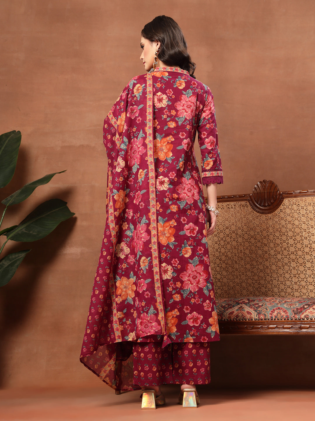 Flared Printed Cotton V-Neck Kurta Set With Dupatta