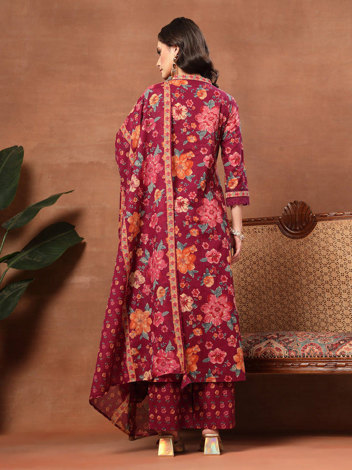 Flared Printed Cotton V-Neck Kurta Set With Dupatta