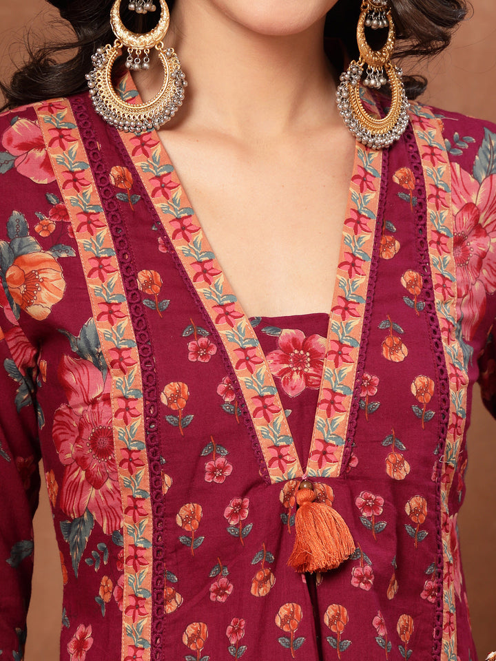 Flared Printed Cotton V-Neck Kurta Set With Dupatta