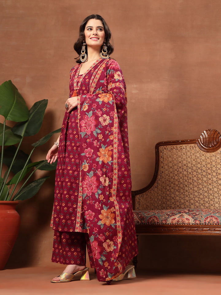 Flared Printed Cotton V-Neck Kurta Set With Dupatta