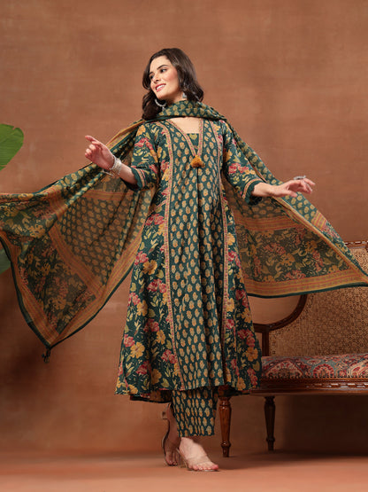 Flared Printed Cotton V-Neck Kurta Set With Dupatta
