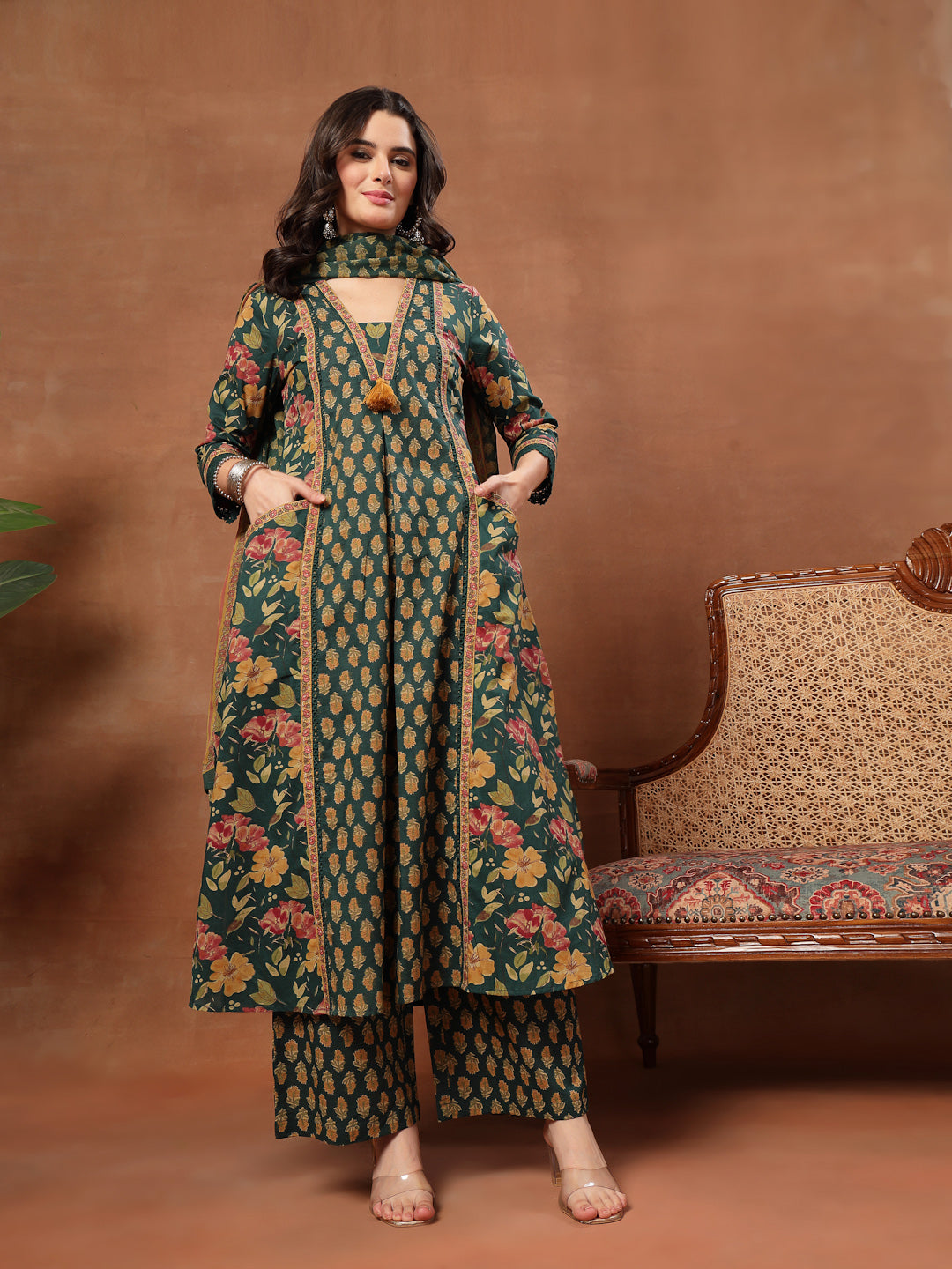 Flared Printed Cotton V-Neck Kurta Set With Dupatta