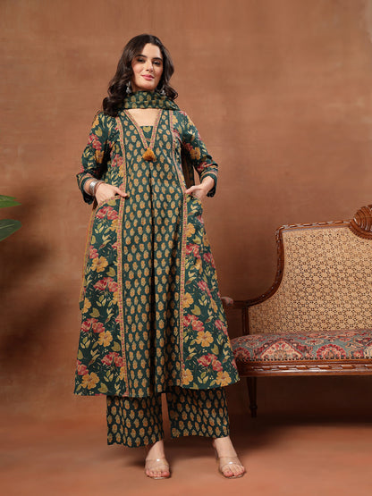 Flared Printed Cotton V-Neck Kurta Set With Dupatta