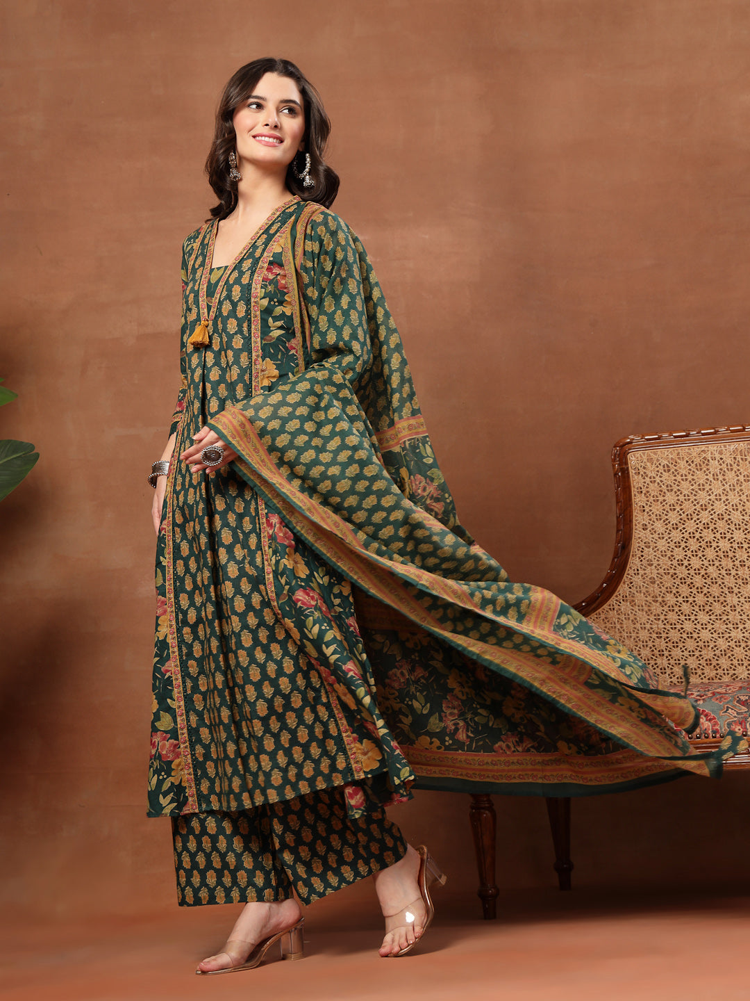 Flared Printed Cotton V-Neck Kurta Set With Dupatta