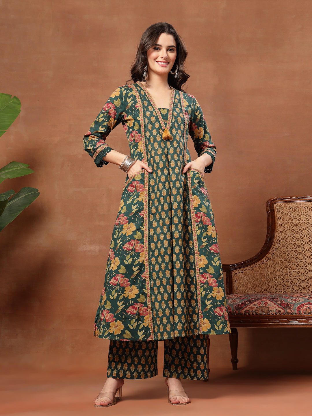 Flared Printed Cotton V-Neck Kurta Set With Dupatta