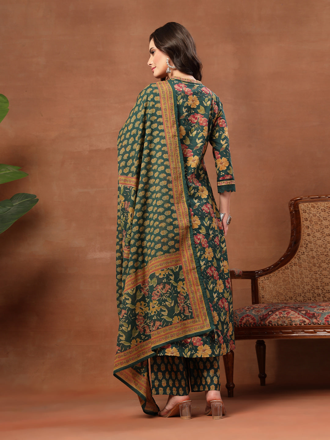 Flared Printed Cotton V-Neck Kurta Set With Dupatta
