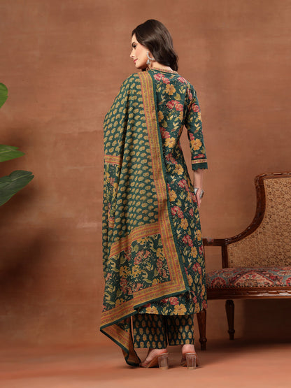 Flared Printed Cotton V-Neck Kurta Set With Dupatta