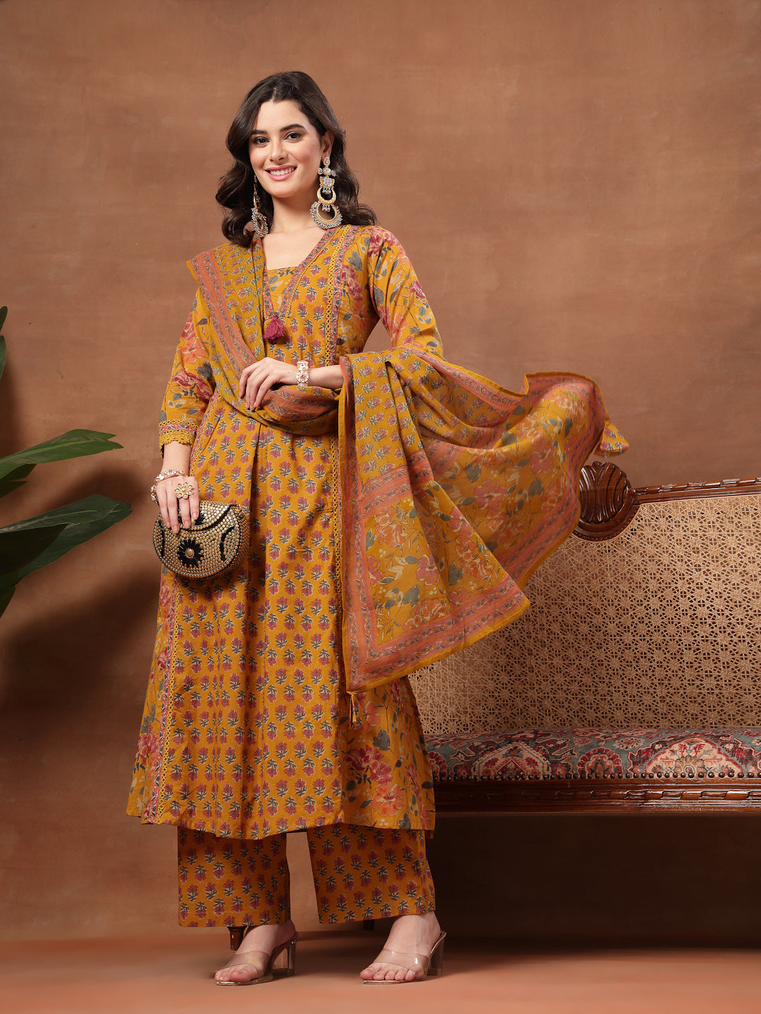 Flared Printed Cotton V-Neck Kurta Set With Dupatta