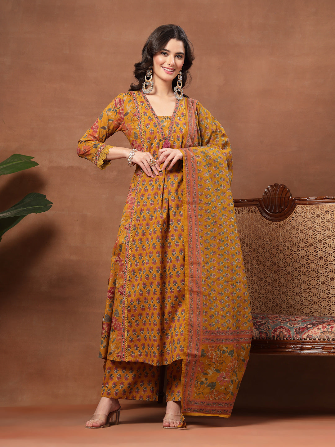 Flared Printed Cotton V-Neck Kurta Set With Dupatta