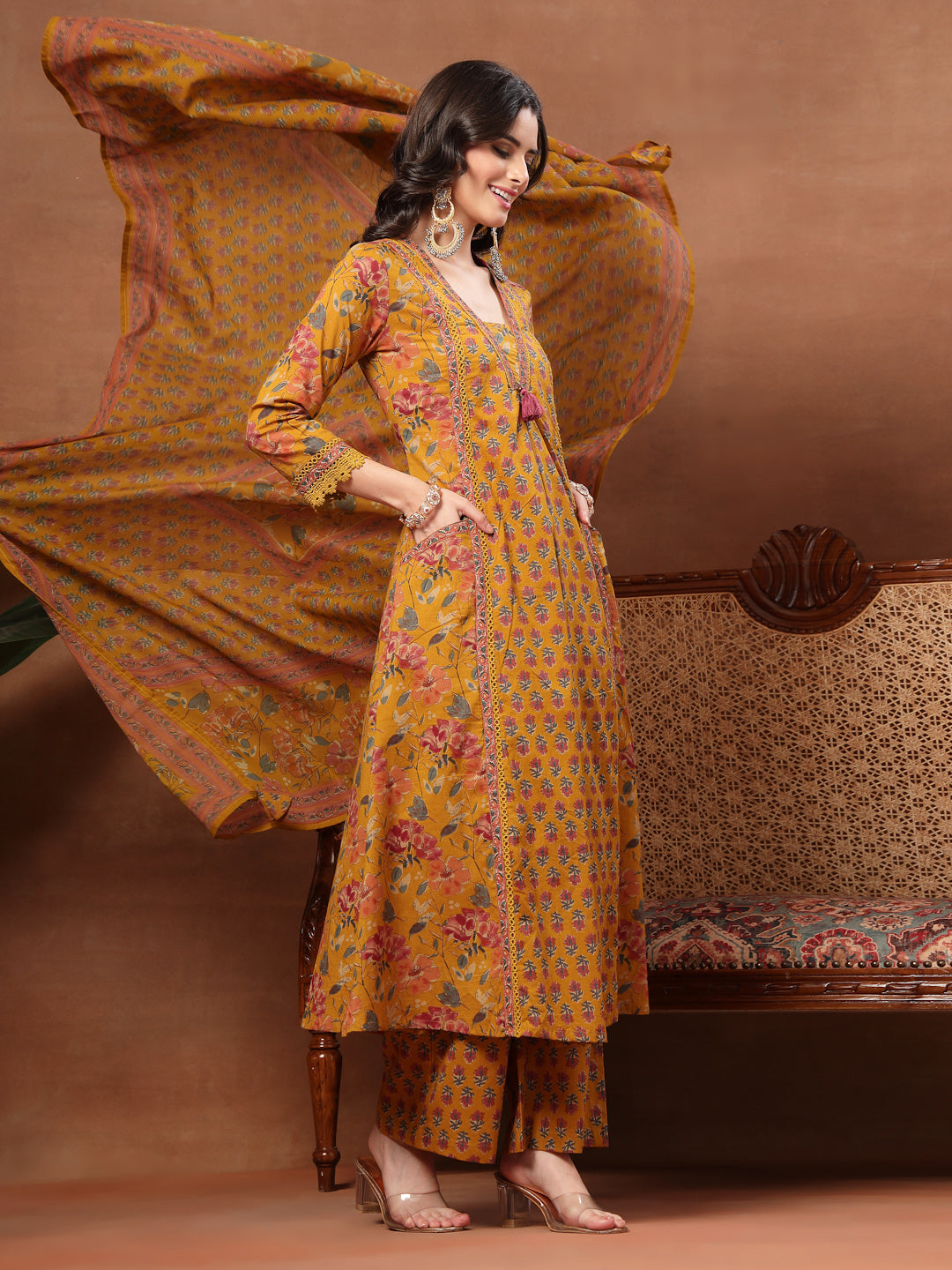 Flared Printed Cotton V-Neck Kurta Set With Dupatta