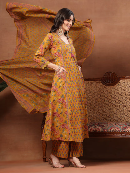 Flared Printed Cotton V-Neck Kurta Set With Dupatta