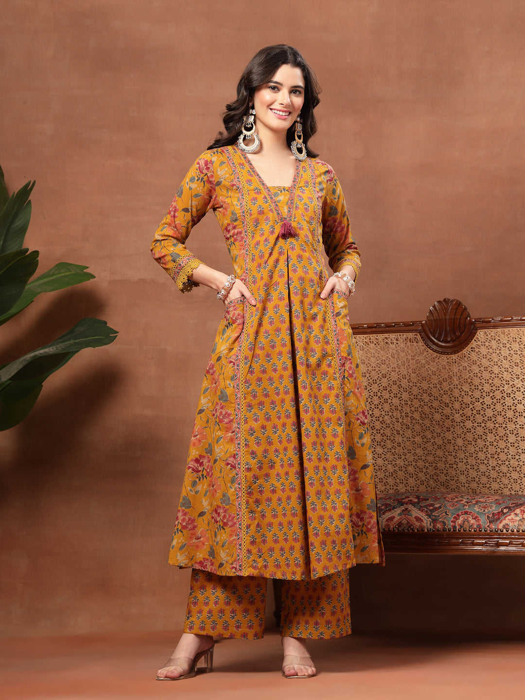 Flared Printed Cotton V-Neck Kurta Set With Dupatta