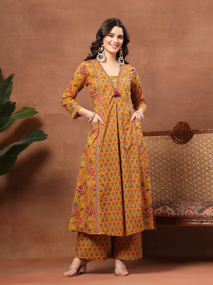 Flared Printed Cotton V-Neck Kurta Set With Dupatta