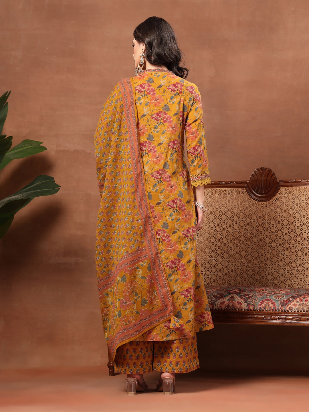 Flared Printed Cotton V-Neck Kurta Set With Dupatta
