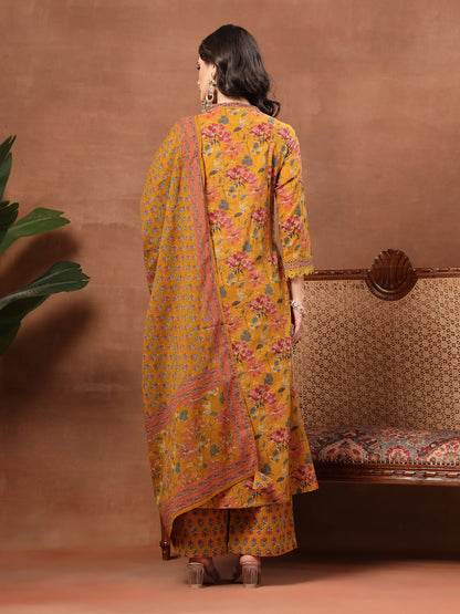Flared Printed Cotton V-Neck Kurta Set With Dupatta