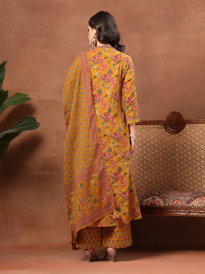 Flared Printed Cotton V-Neck Kurta Set With Dupatta