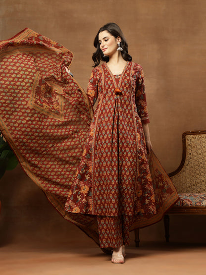 Flared Printed Cotton V-Neck Kurta Set With Dupatta