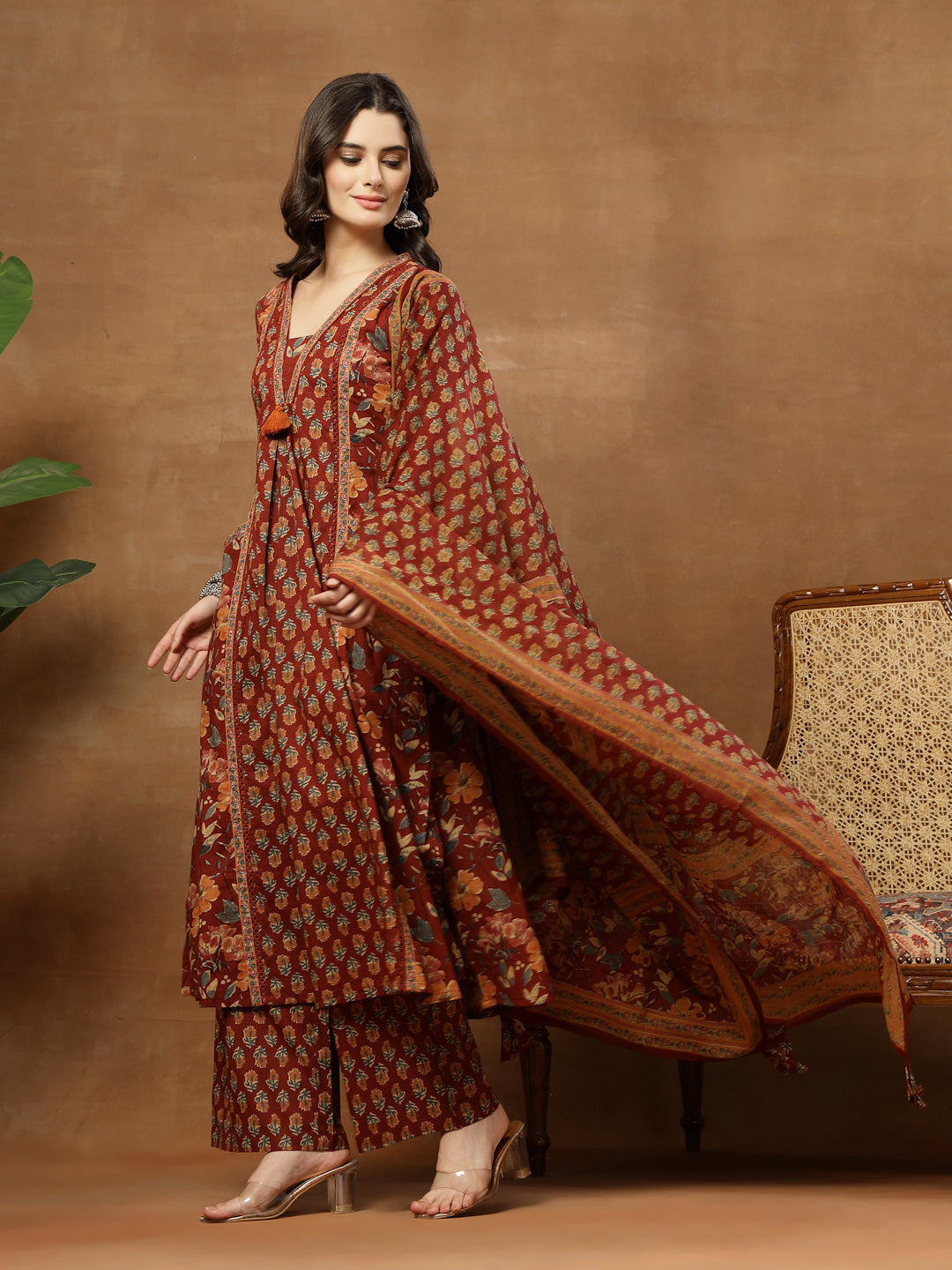Flared Printed Cotton V-Neck Kurta Set With Dupatta