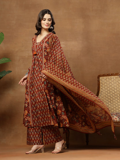 Flared Printed Cotton V-Neck Kurta Set With Dupatta