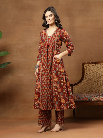 Flared Printed Cotton V-Neck Kurta Set With Dupatta