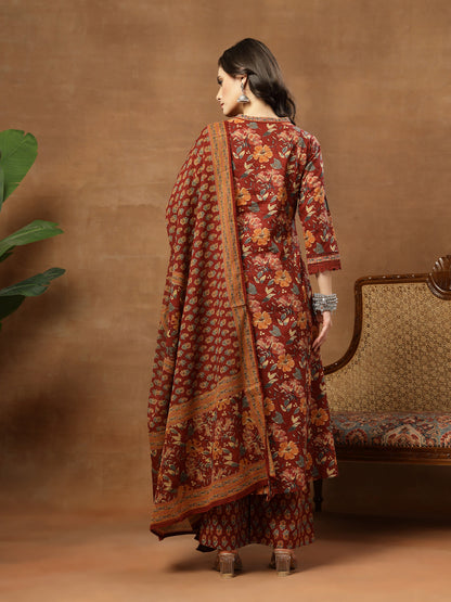 Flared Printed Cotton V-Neck Kurta Set With Dupatta
