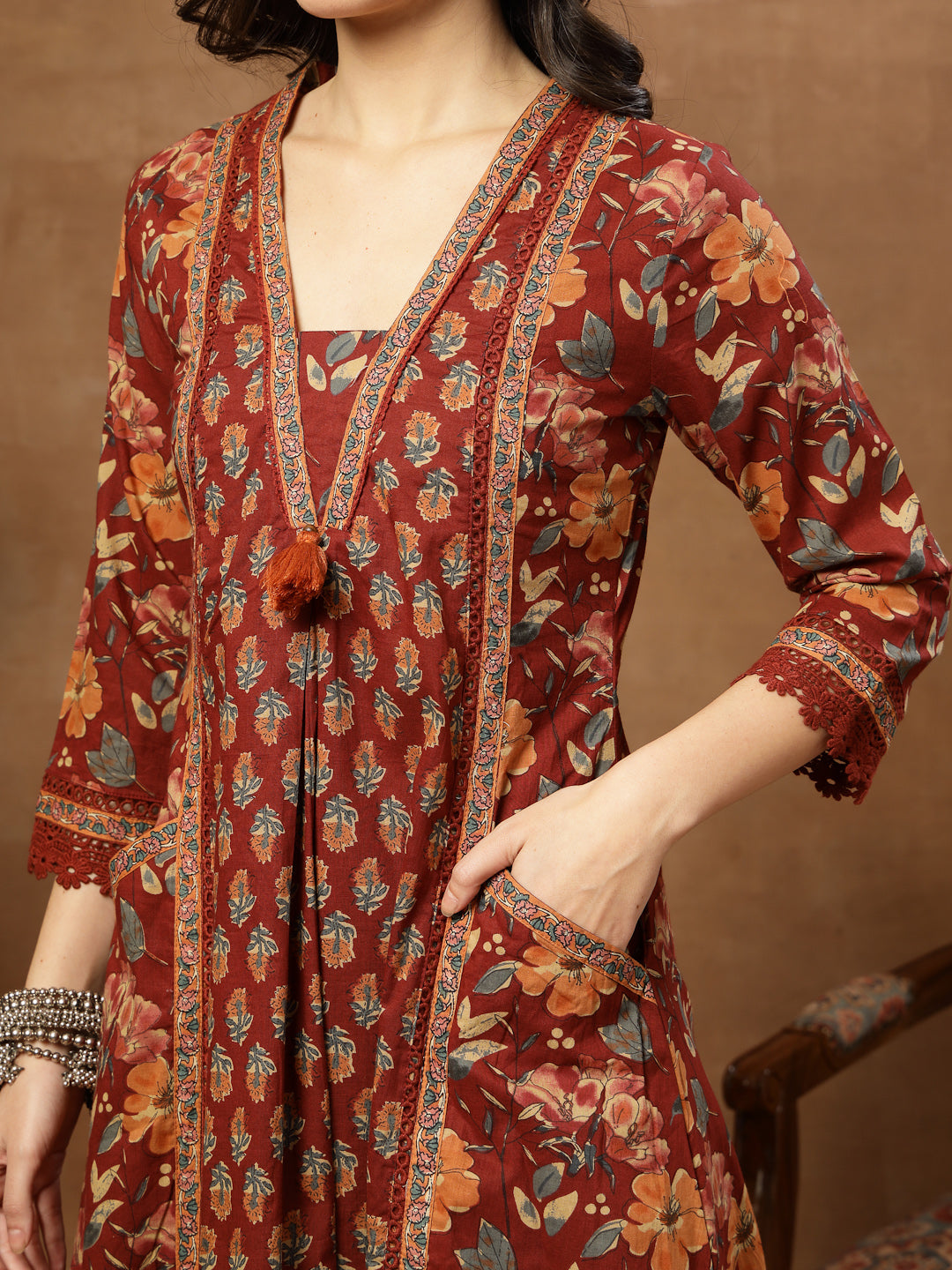 Flared Printed Cotton V-Neck Kurta Set With Dupatta