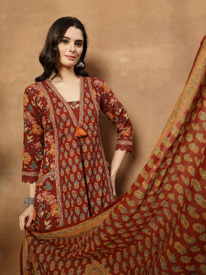 Flared Printed Cotton V-Neck Kurta Set With Dupatta