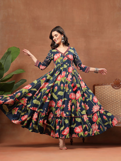 Flared Printed Cotton V-Neck Dress