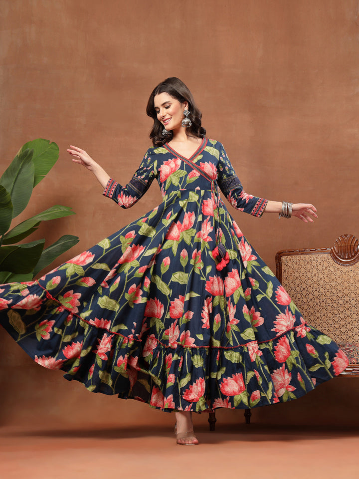 Flared Printed Cotton V-Neck Dress