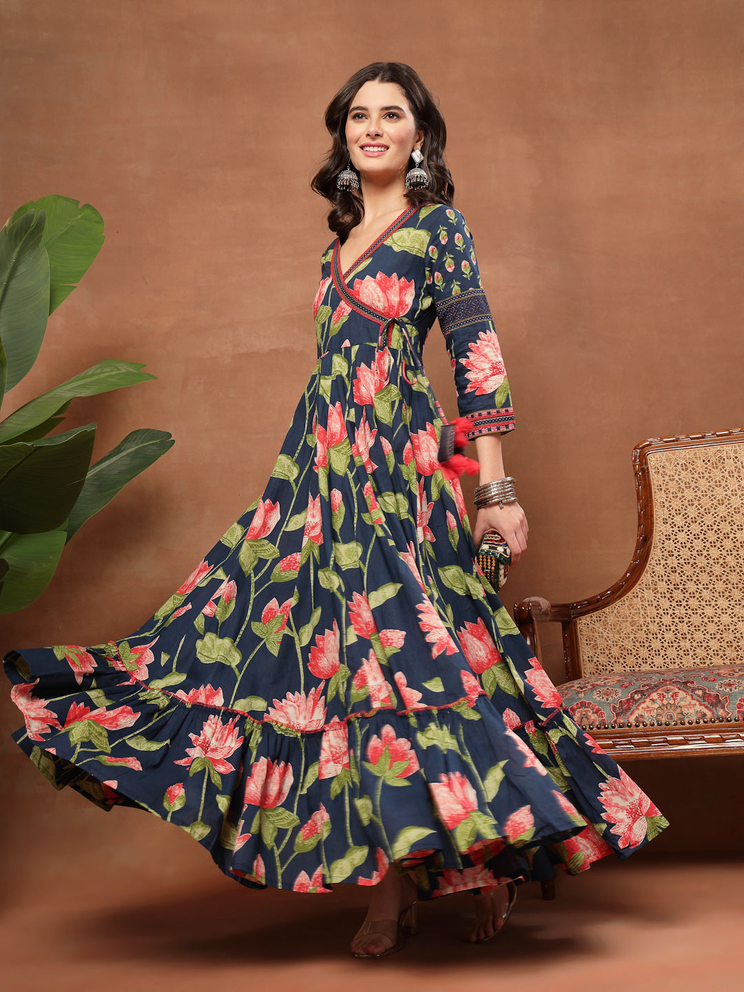 Flared Printed Cotton V-Neck Dress