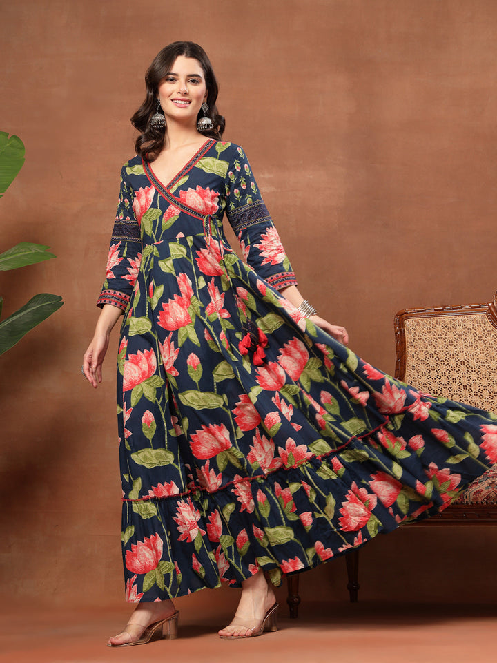 Flared Printed Cotton V-Neck Dress