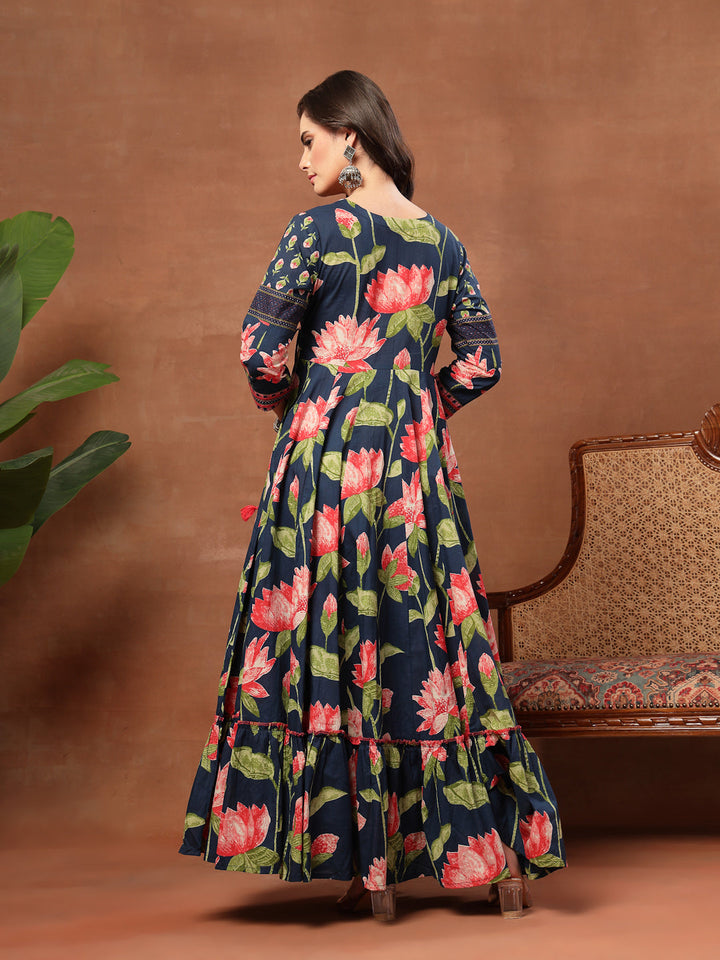 Flared Printed Cotton V-Neck Dress