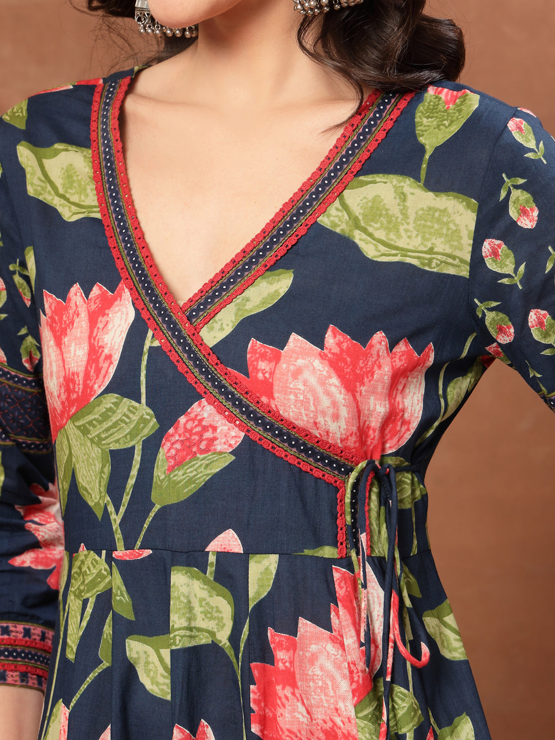 Flared Printed Cotton V-Neck Dress