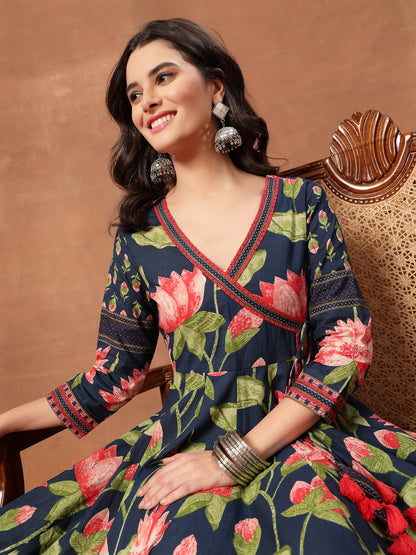 Flared Printed Cotton V-Neck Dress