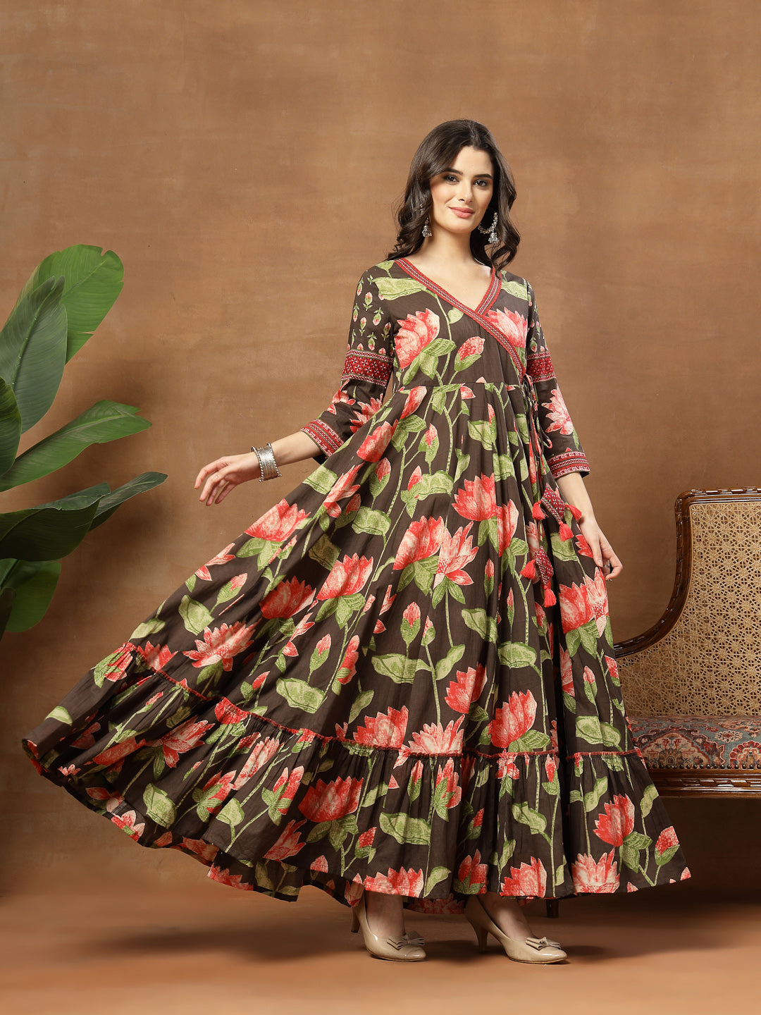 Flared Printed Cotton V-Neck Dress