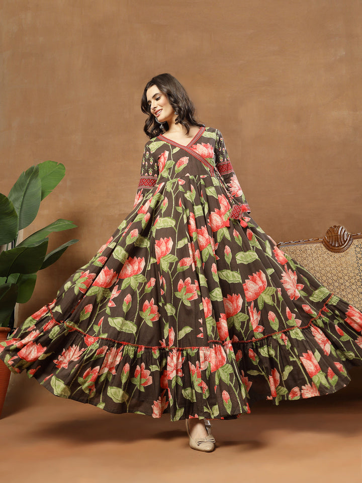 Flared Printed Cotton V-Neck Dress