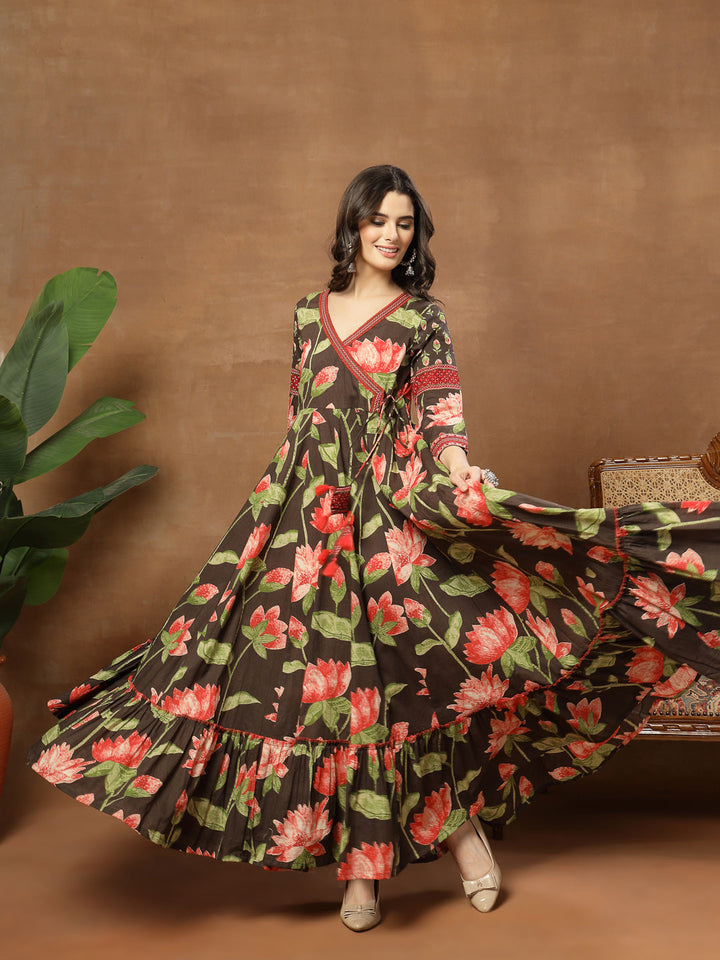 Flared Printed Cotton V-Neck Dress