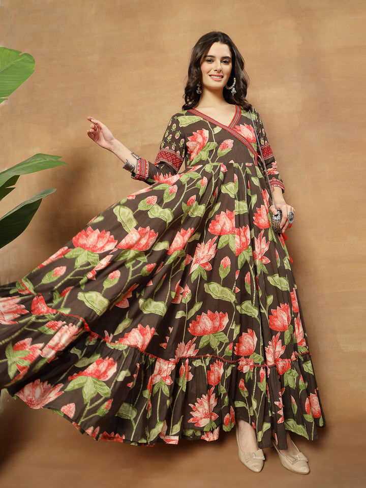 Flared Printed Cotton V-Neck Dress