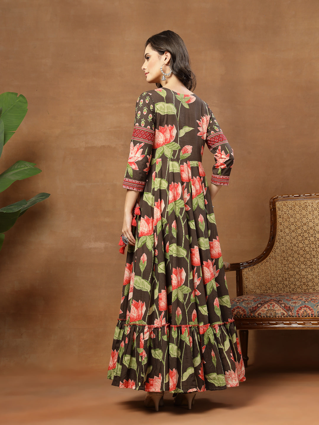 Flared Printed Cotton V-Neck Dress