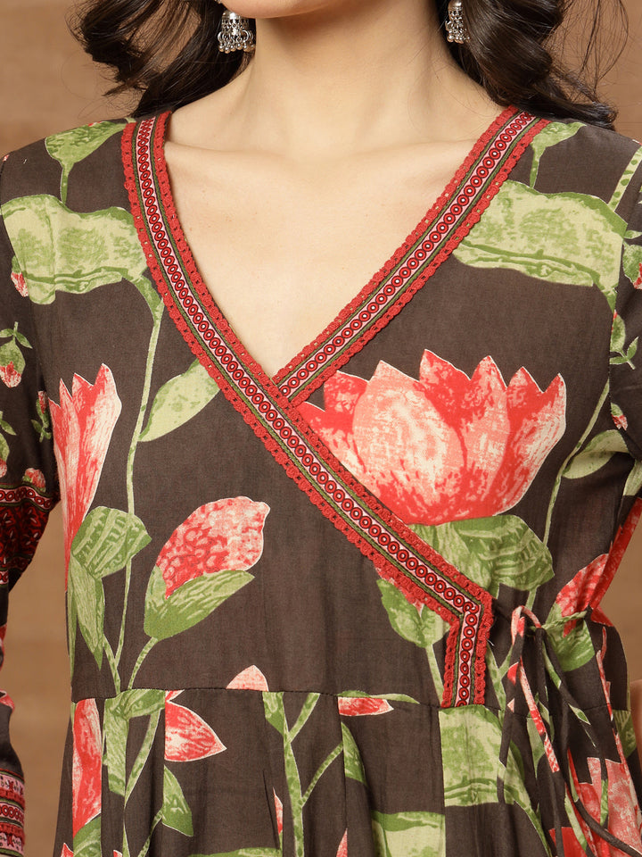 Flared Printed Cotton V-Neck Dress