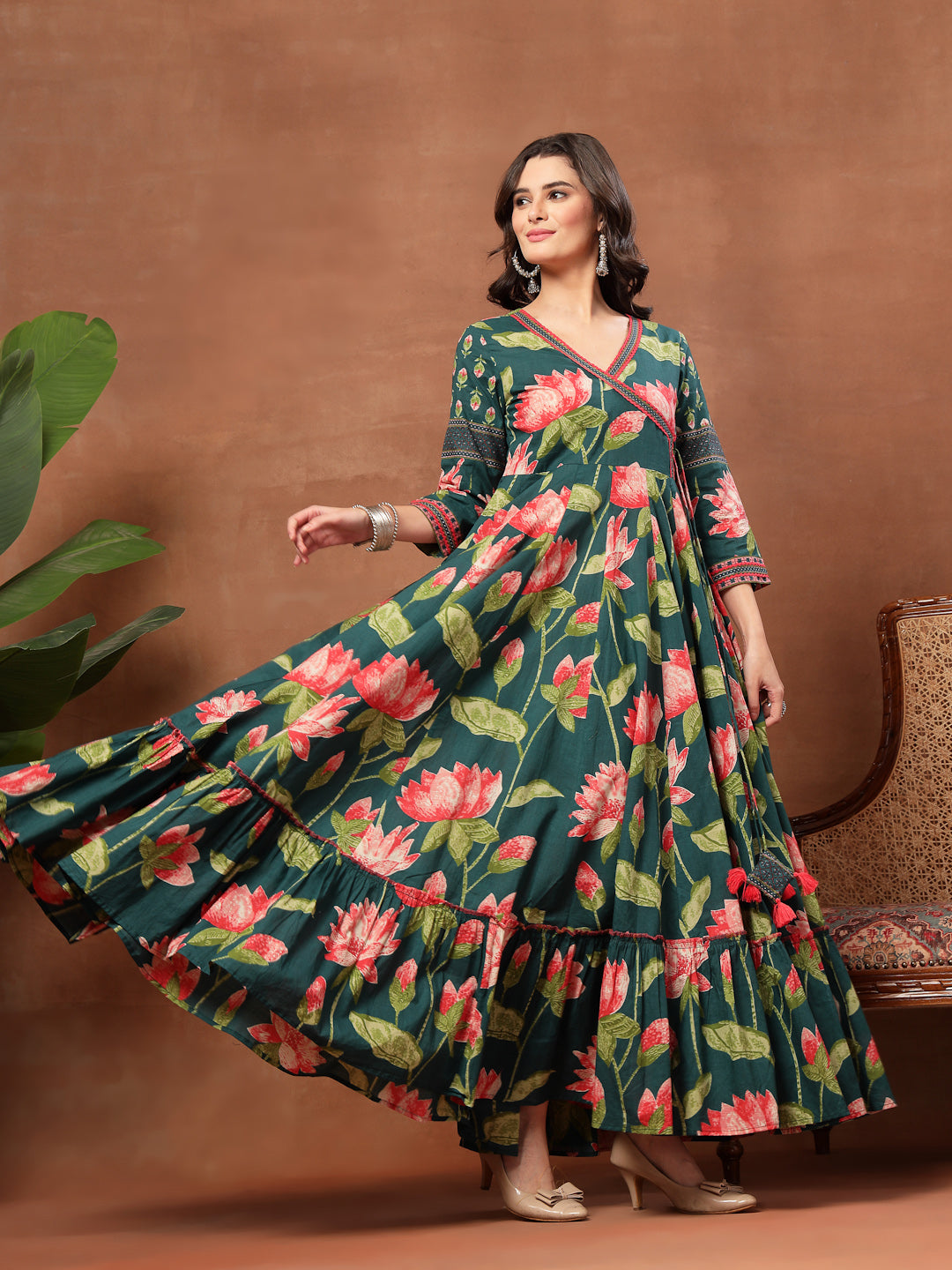 Flared Printed Cotton V-Neck Dress