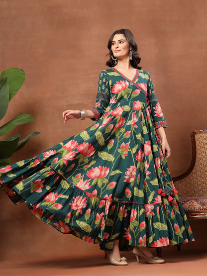 Flared Printed Cotton V-Neck Dress