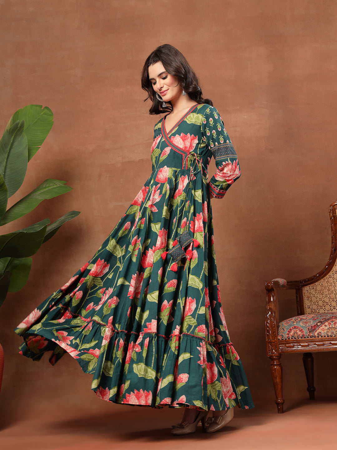 Flared Printed Cotton V-Neck Dress