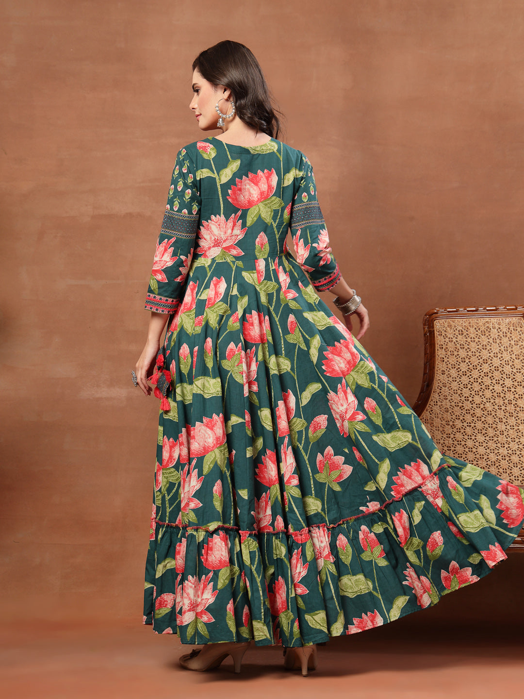 Flared Printed Cotton V-Neck Dress