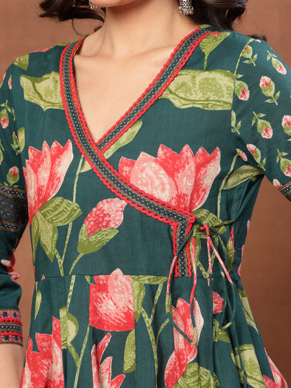 Flared Printed Cotton V-Neck Dress