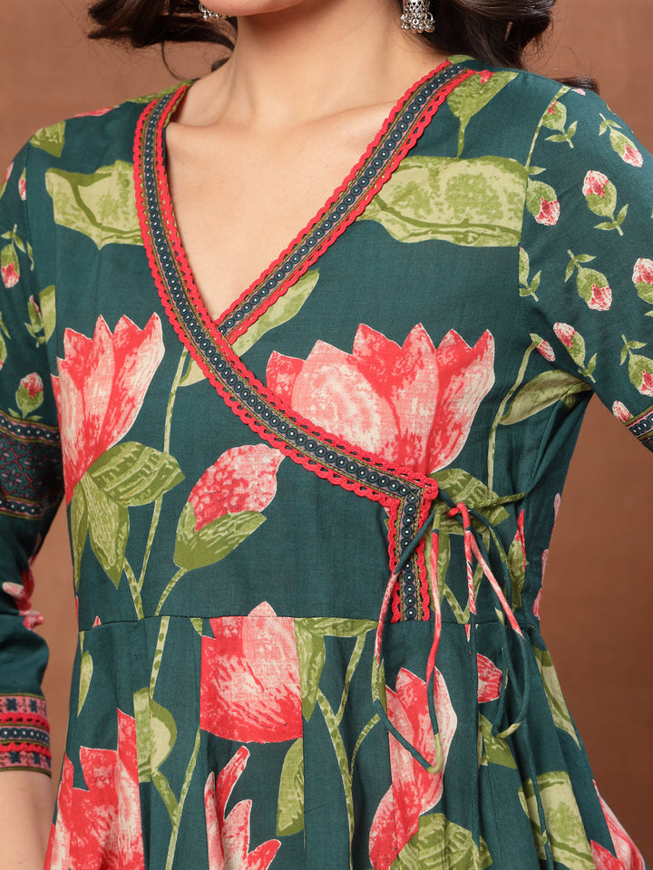 Flared Printed Cotton V-Neck Dress