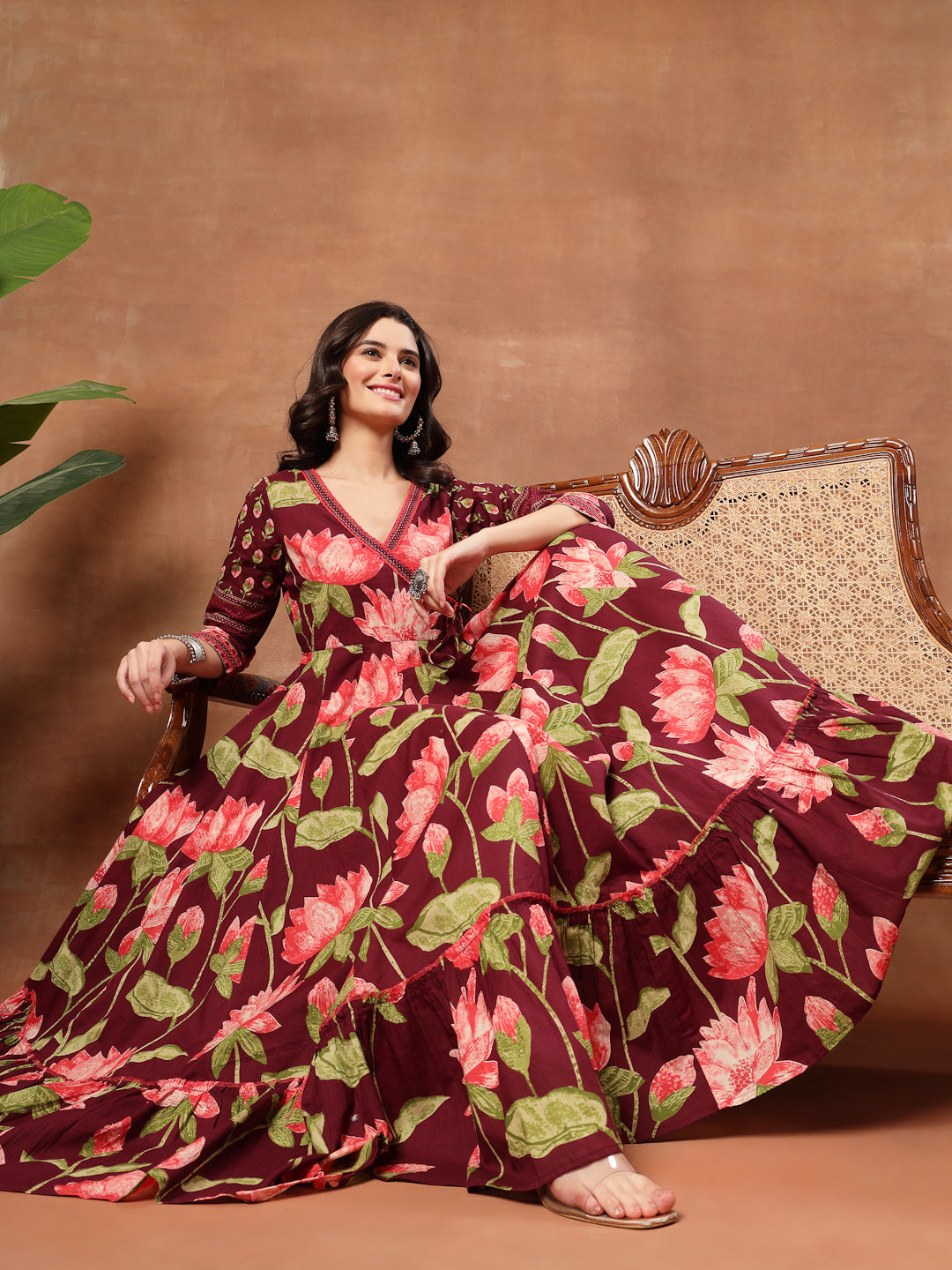 Flared Printed Cotton V-Neck Dress